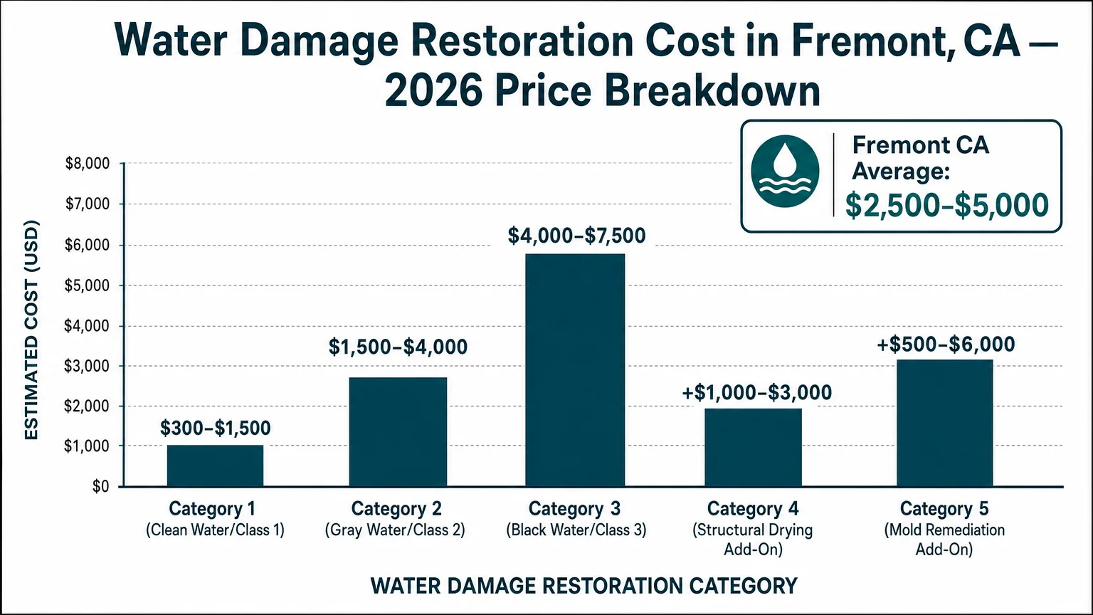 Clean infographic titled Water Damage Restoration Cost Fremont Fremont Restoration Experts Fremont