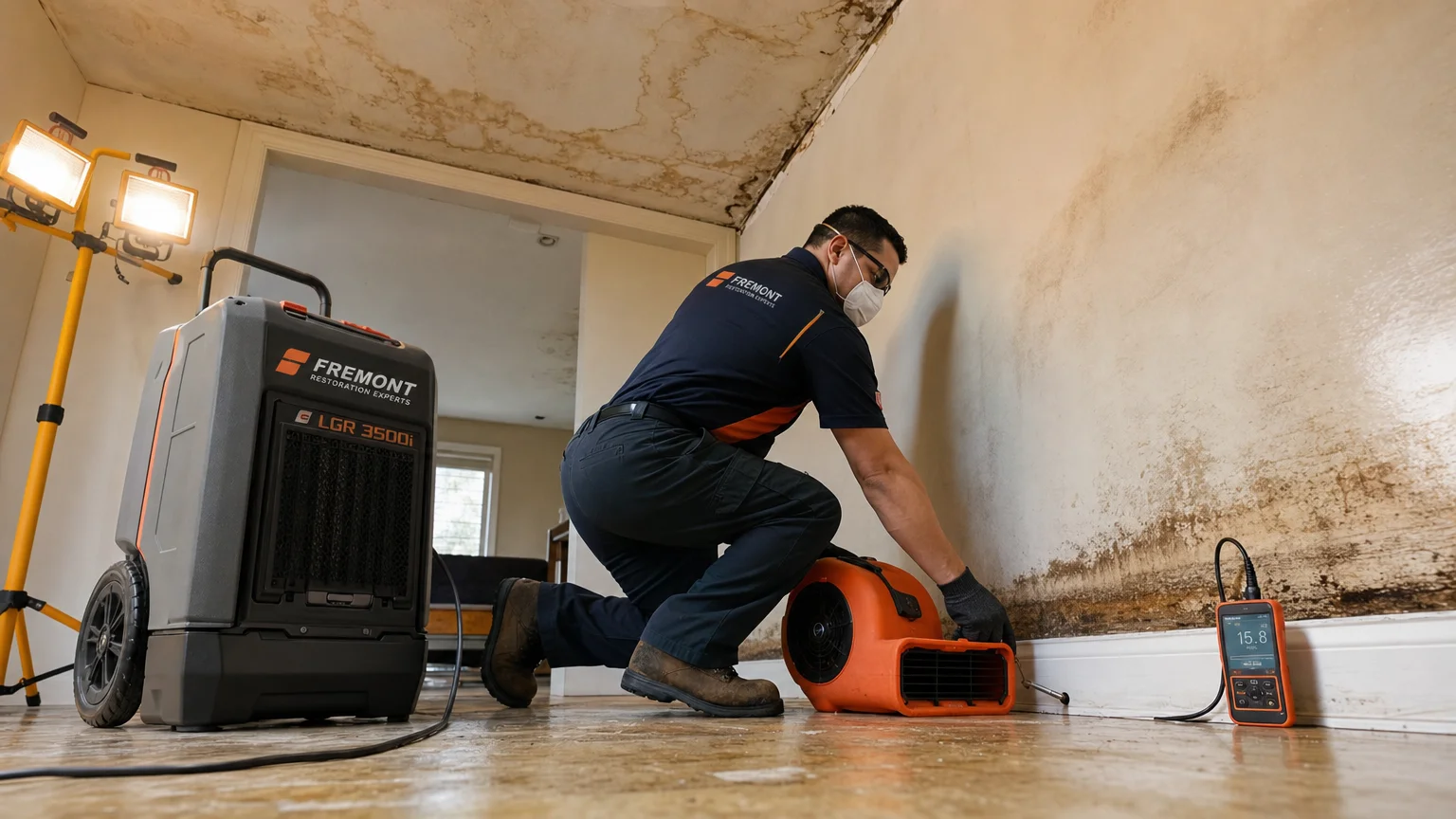 Photorealistic action Fremont Restoration Experts technician water-damaged residential Fremont Restoration Experts Fremont