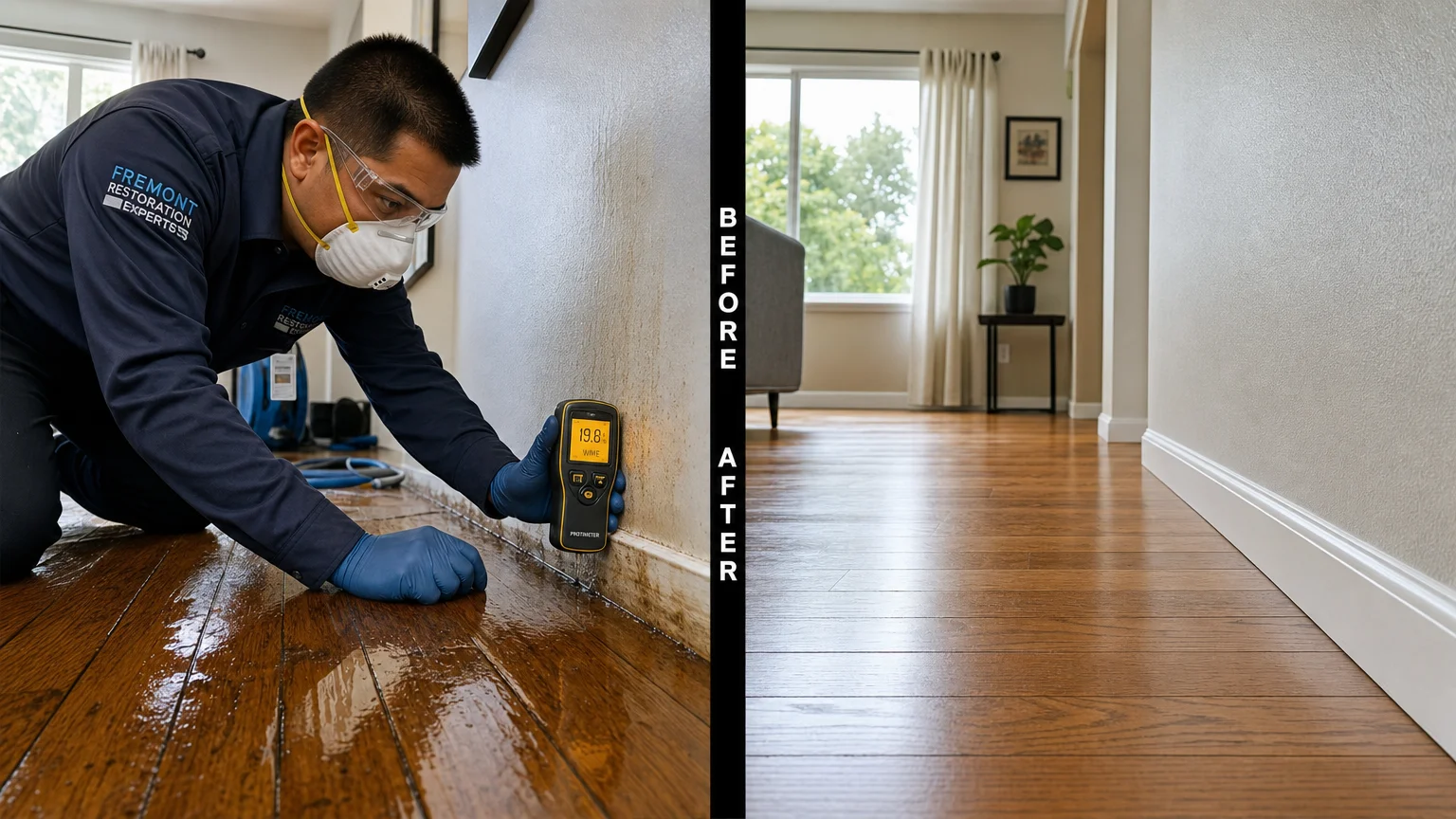 split-composition photorealistic scene showing water damage restoration technician Fremont Restoration Experts Fremont