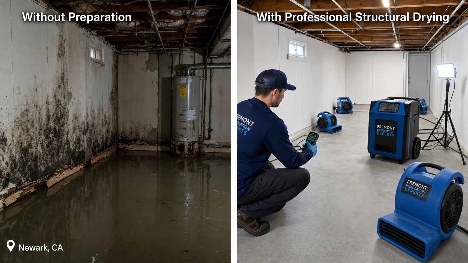 dramatic before-and-after split-frame comparison set inside Newark CA Fremont Restoration Experts Fremont