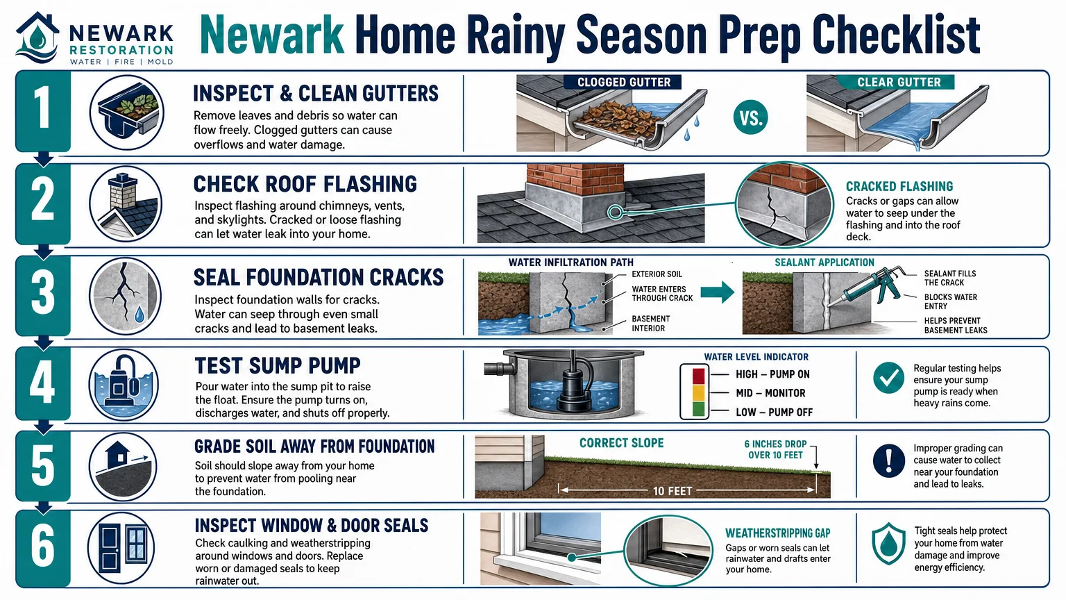detailed step-by-step infographic diagram titled Newark Home Rainy Fremont Restoration Experts Fremont